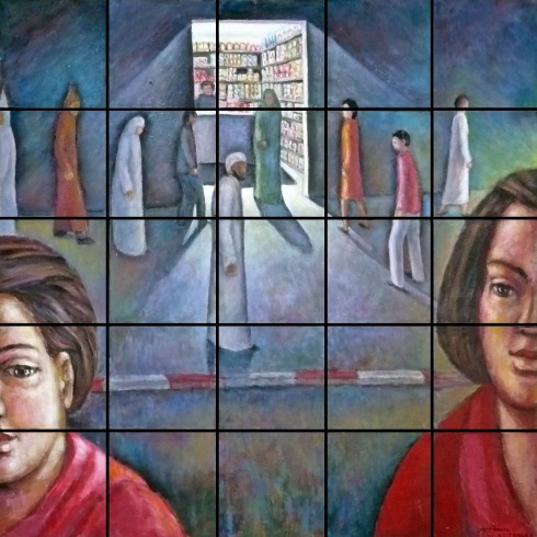 Roger Davis-Women in the forefront, 27/03/97, 61x61cm - Painting - Modern Moroccan Resident Artist